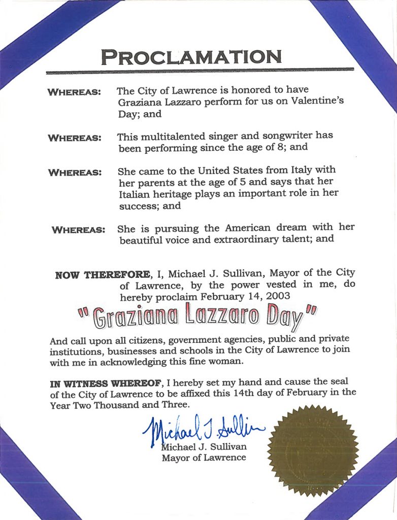 February 14, 2003 named Graziana Lazzaro Day – Lawrence, MA